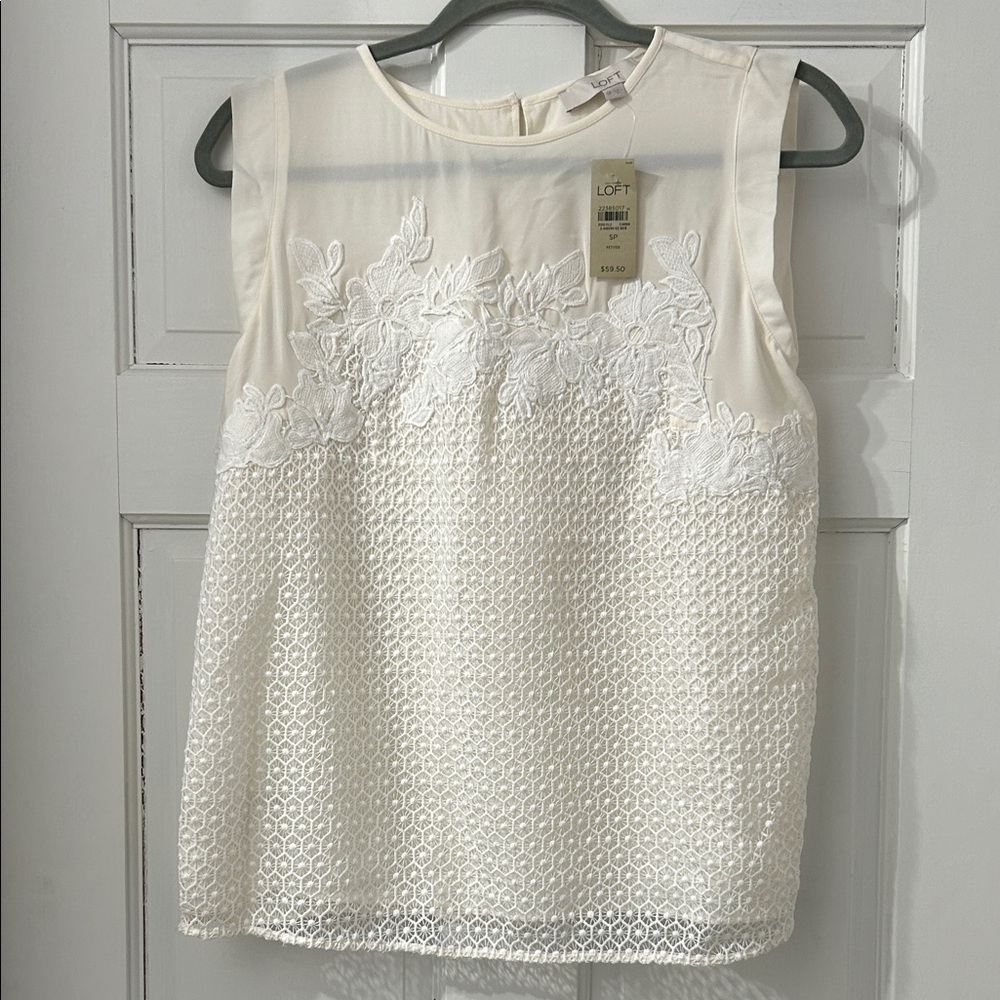 LOFT Women's Ivory Sleeveless Blouse with Lace Detail